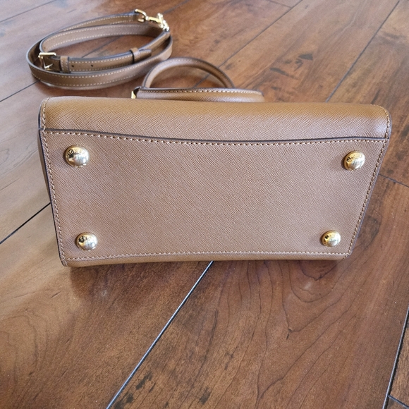 Michael Kors MK Classic Logo Hudson Saffiano Leather Handbag Satchel Brown Gold - Picture 15 of 16